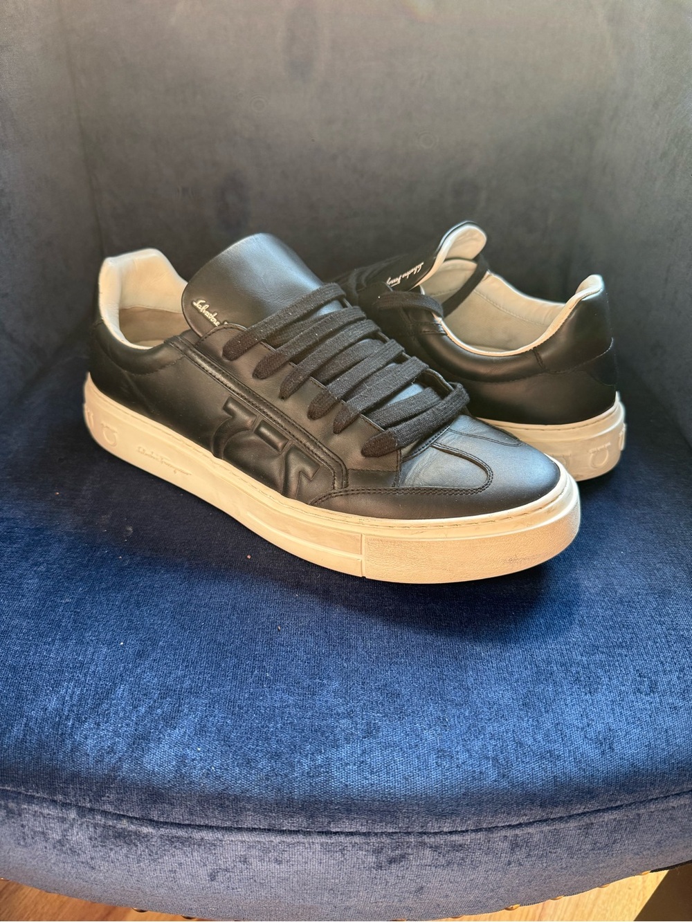 Salvatore Ferragamo Borg Gancini Black Leather Sneakers Men's Size 10 M.